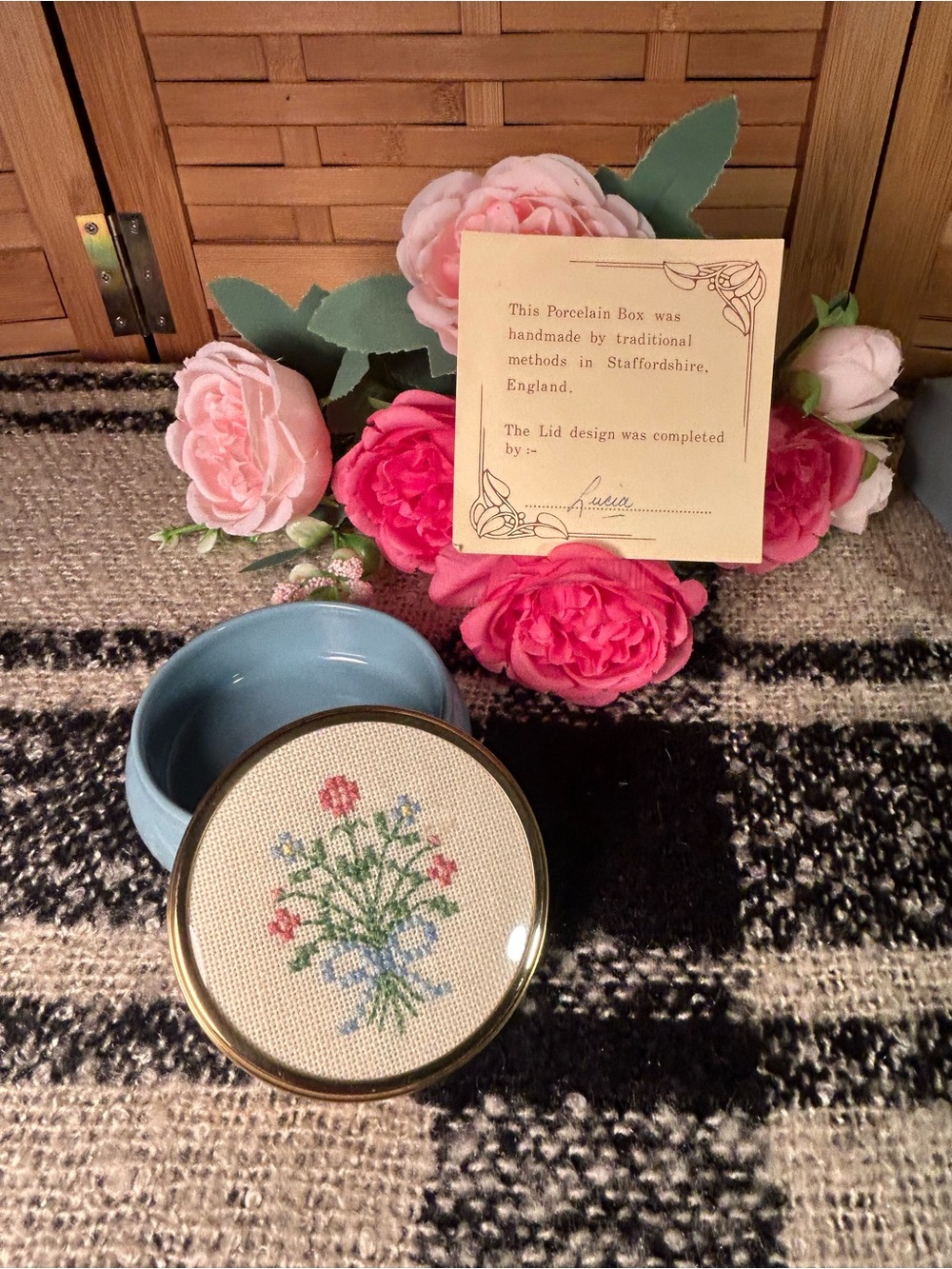 Staffordshire Porcelain Trinket Box with Floral Needlepoint Lid - Blue